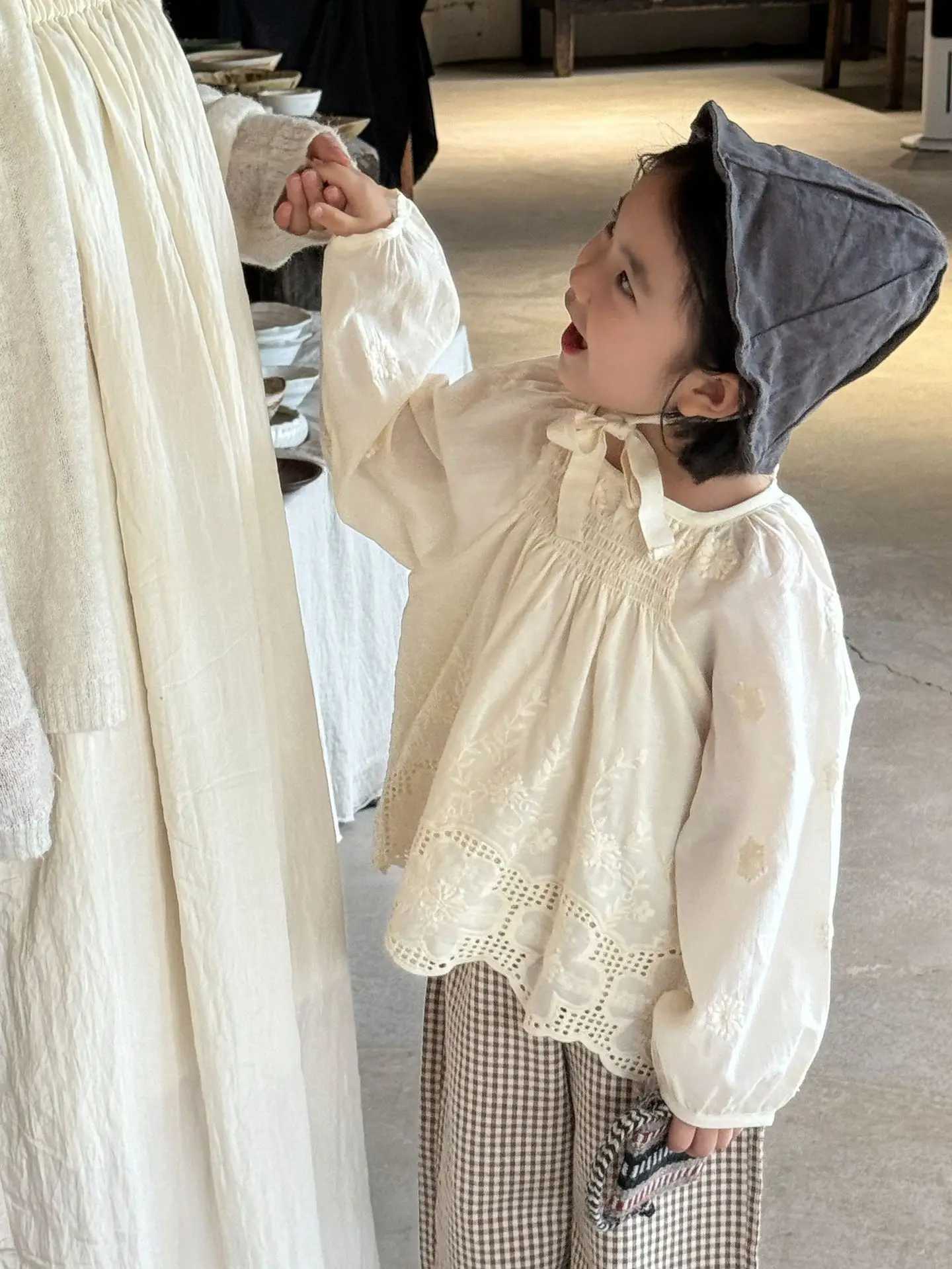 Autumn Girls Clothes Doll Shirt 2024 Korean Cute Sweet Cotton Embroidery Hollow-out Lace Girls Blouse Or Plaid Wide Leg Pants Y240906