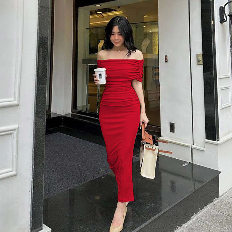 2023 Spring Off Shoulder Pleated Fit Slim Split Bottom Long Dress