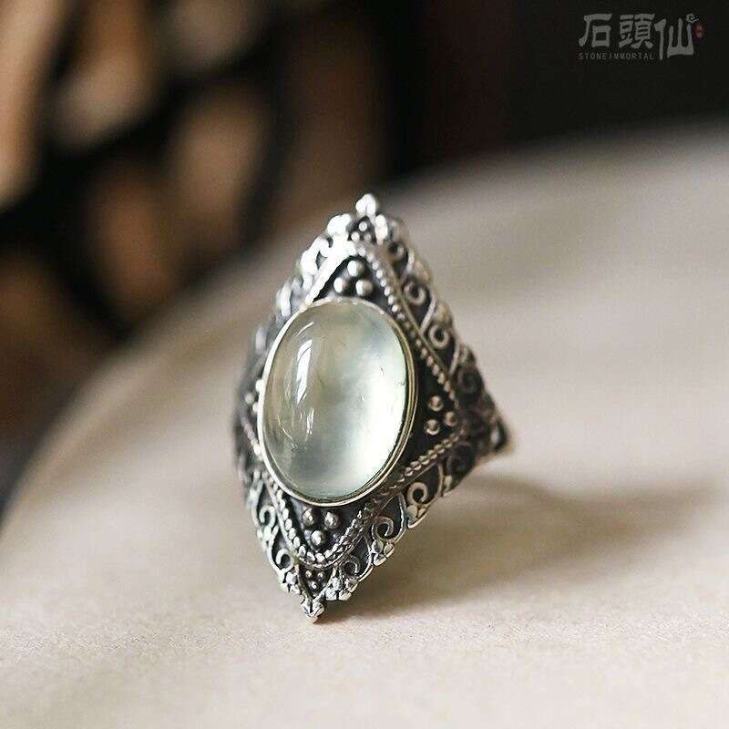Nepal Palace Natural Grape Stone 925 Silver Light Luxury Retro Atmospheric Ring Women's Exaggerated Ring Autumn Winter Party Gift Designer Jewelr