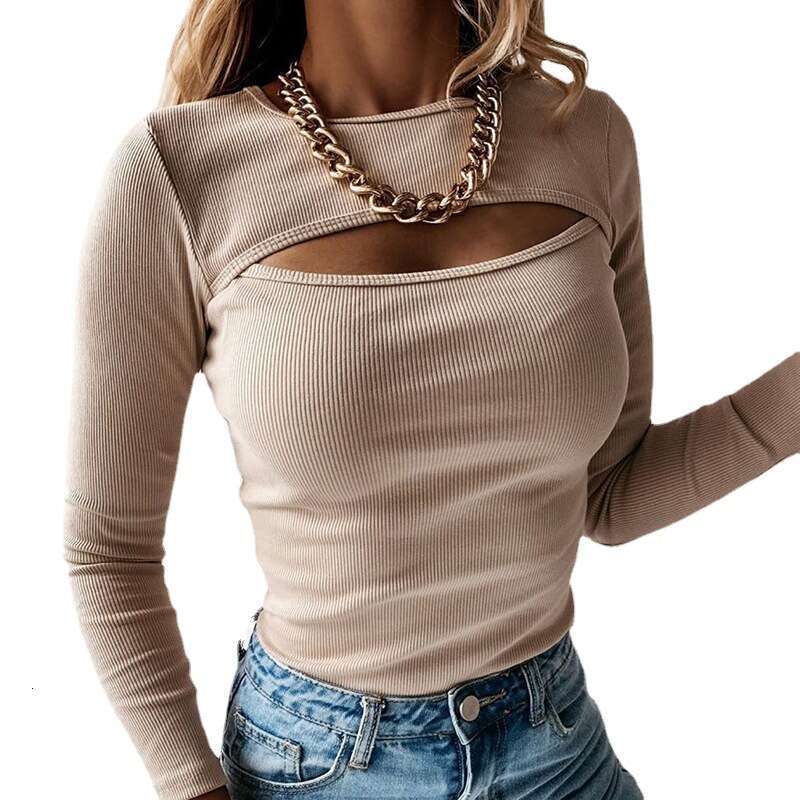 2024 sexy hollow out long sleeved ribbed top for women, fashionable and sexy, showing off the chest