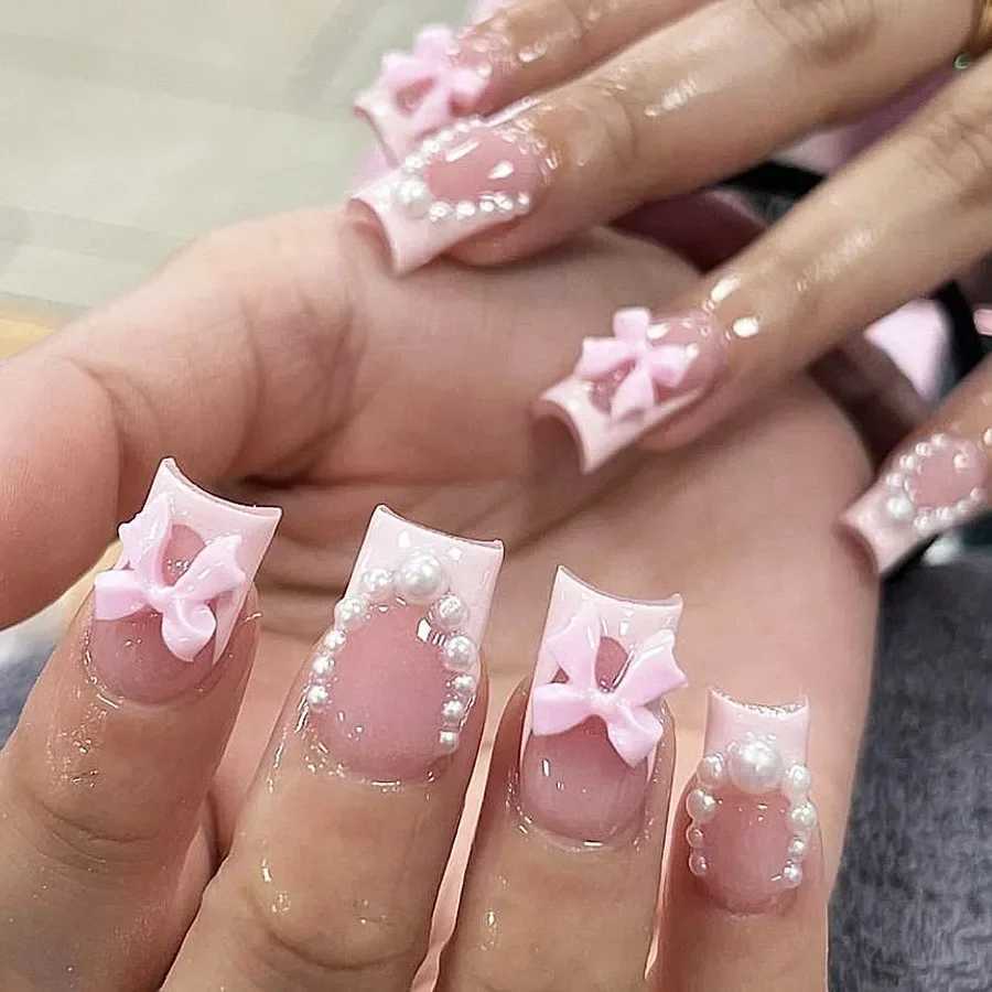 24 piece pink nail pressing set with short square 3D bow and pearl design sweet fake nails French nail salon W240905