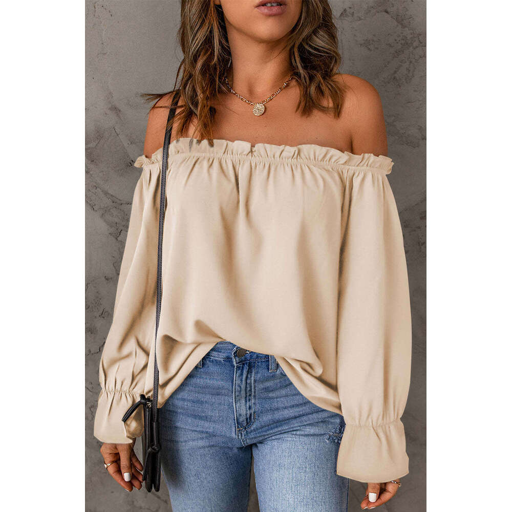 One line neck chiffon shirt Spring and Autumn new solid color pullover sexy off shoulder top for women