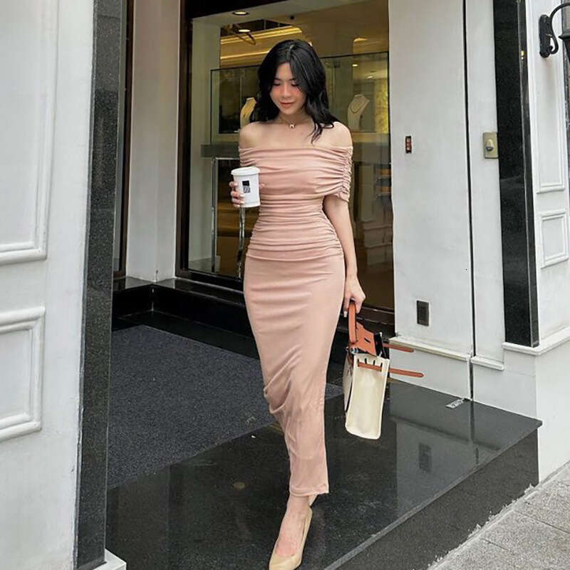2023 Spring Off Shoulder Pleated Fit Slim Split Bottom Long Dress