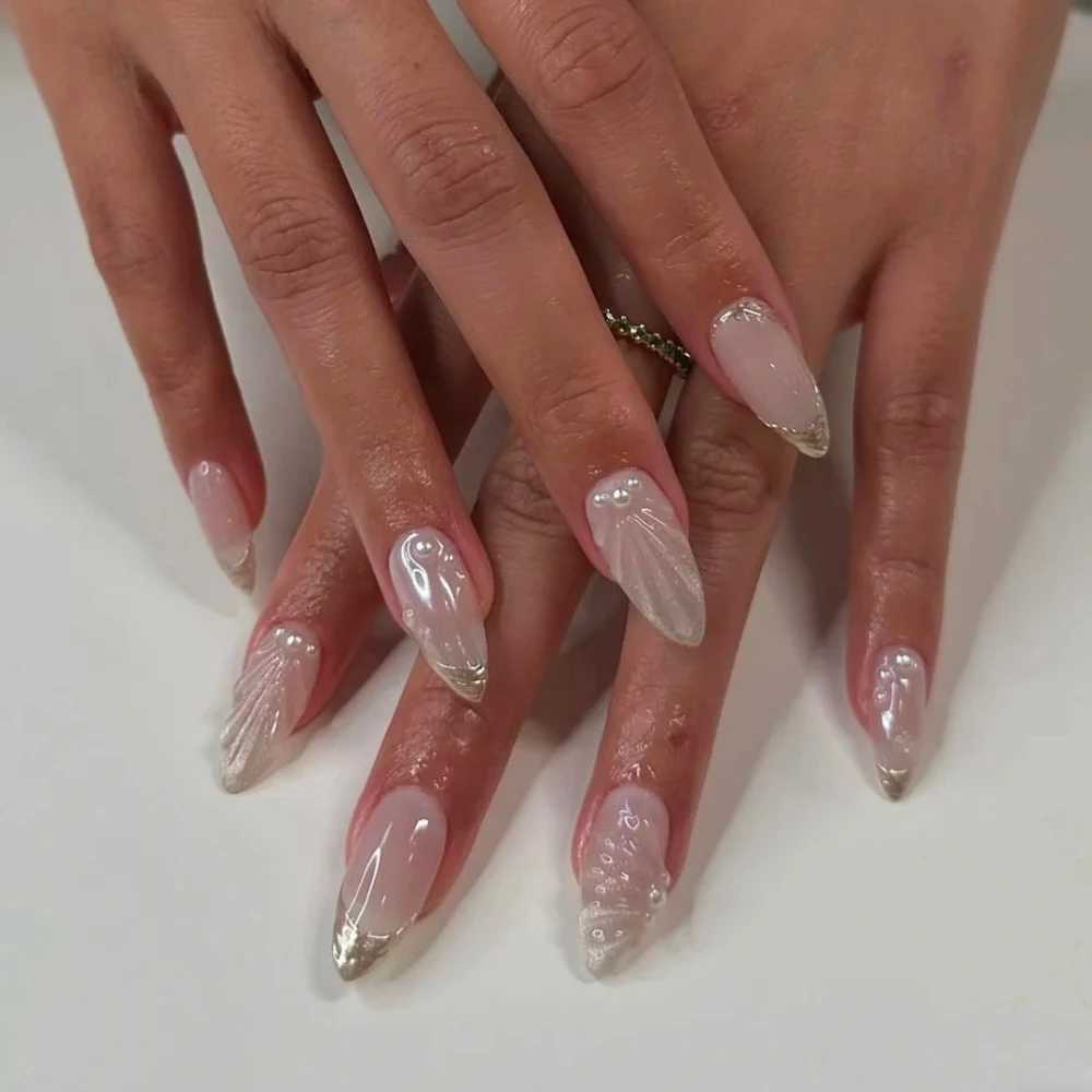 French 10pcs handmade almond fake nails 3D limited nail pressing finger shell design with adhesive nail file set W240905