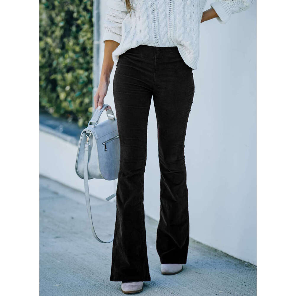 2024 Spring/Summer Women's Solid Color High Slim Fit Micro Flare Corduroy Elastic Waist Casual Pants
