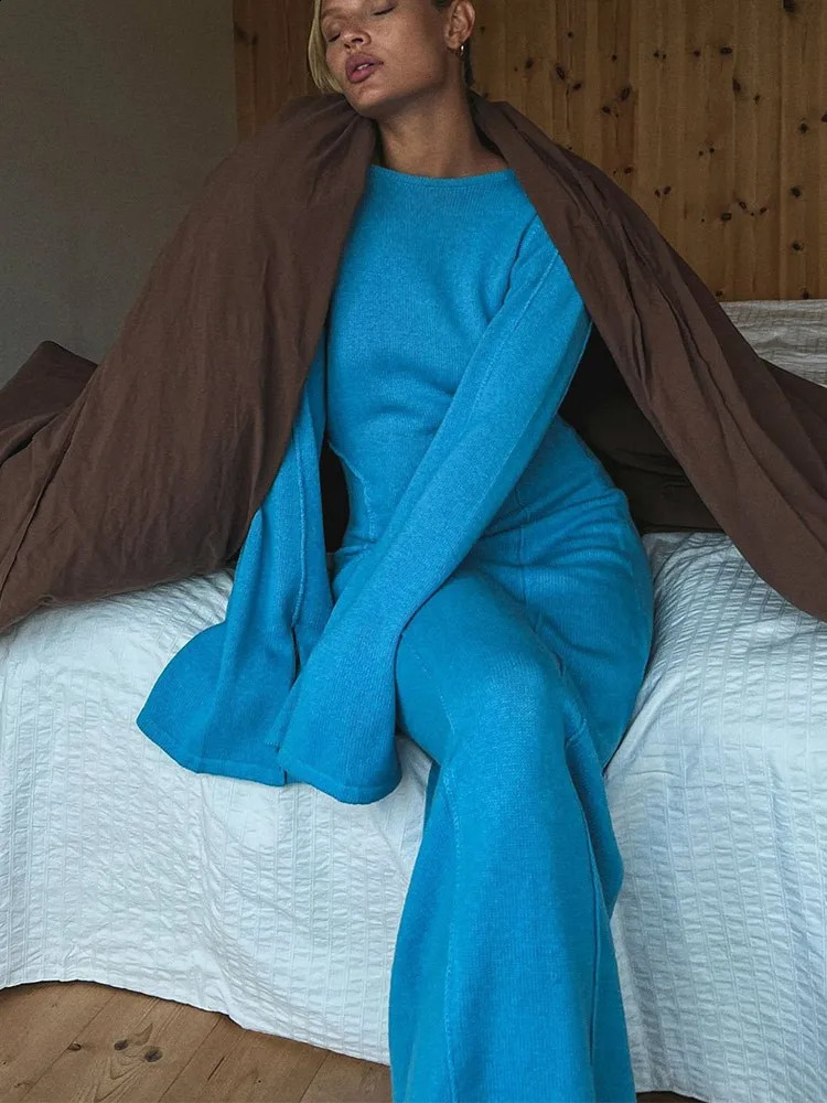 Womens Knitted Maxi Dress Fashion Blue Patchwork Elegant O-Collar Splicing Long Sleeve Ultra Thin Dress Womens Solid Color Party Club Robe 240906