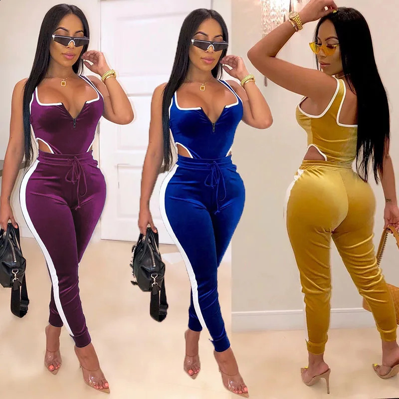 Sexy Bodycon 2pcs Set Sleeveless Cut Out Bodysuit High Waist Stretchy Pants Womens Clothing 240906
