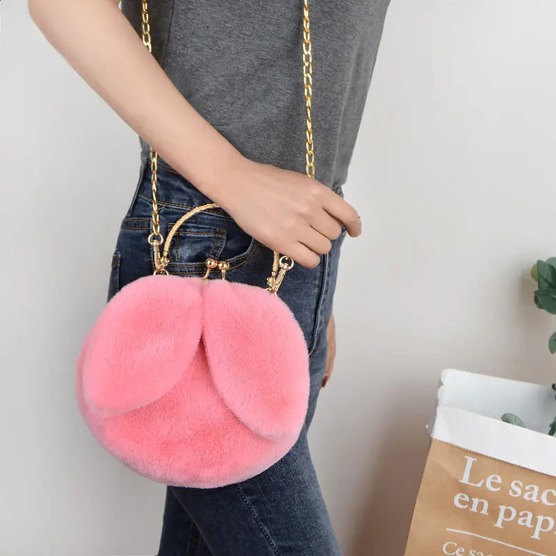 Artificial fur rabbit ear plush Kawaii round bag shoulder cross body womens chain messenger fashionable solid handbag 240906