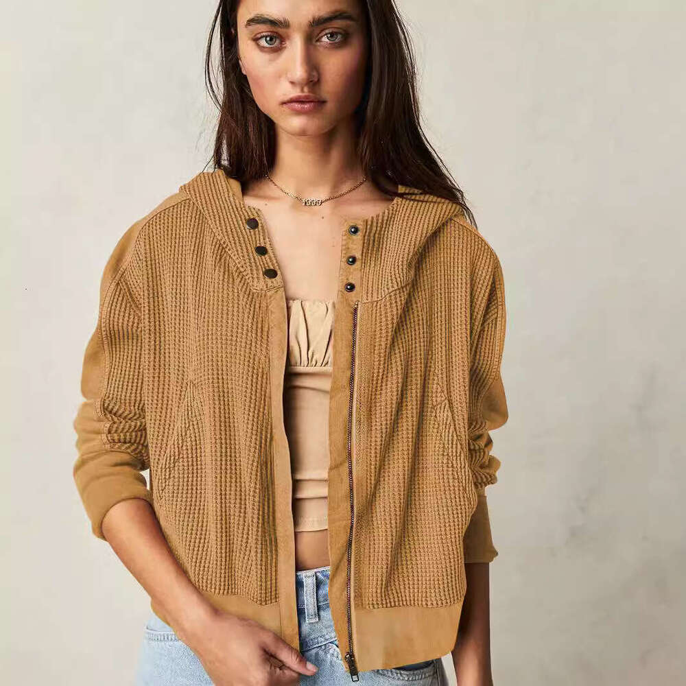 Jacket patchwork Women's hooded sweater Lazy style zippered hoodie Short knit
