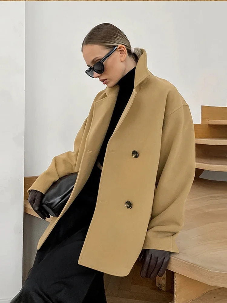 Fashion Solid Turn Down Collar Jackets For Women Casual Double Breasted Pockets Coat 2024 Autumn Winter Long Sleeve Loose Jacket 240905