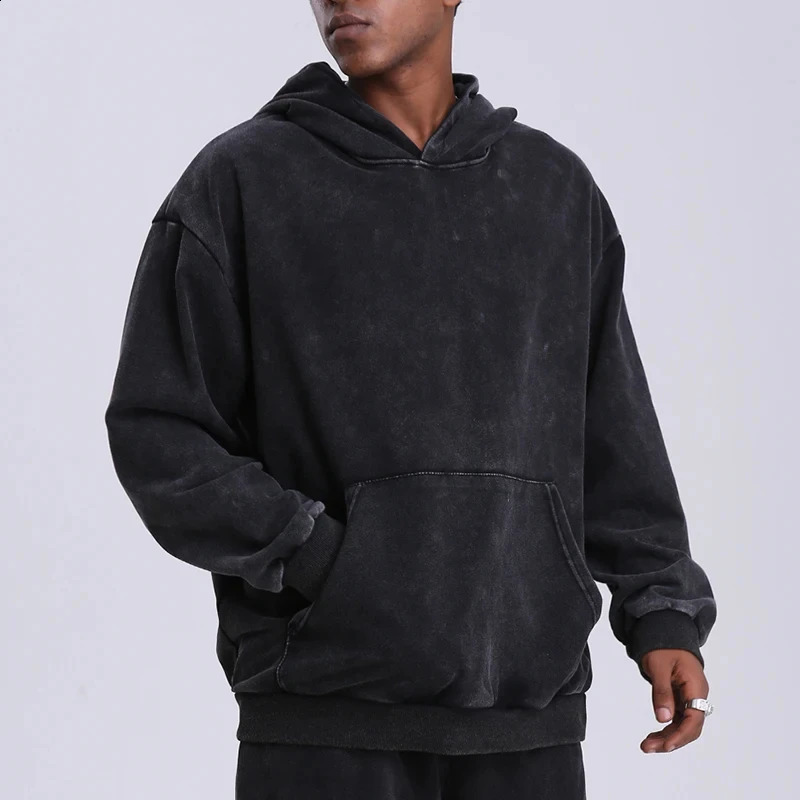 Vintage Black Acid Wash Cotton Hoodies for Men Women Spring Autumn Hooded Sweatshirts Casual Baggy Loose Fit Pullover Tops 240906