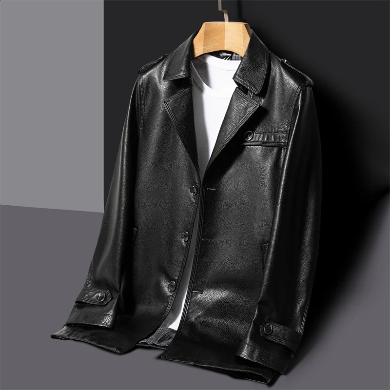 2024 High Quality Fashion Trend Banquet Autumn and Winter Long Leather Trench Coat Mens Business Handsome 240905
