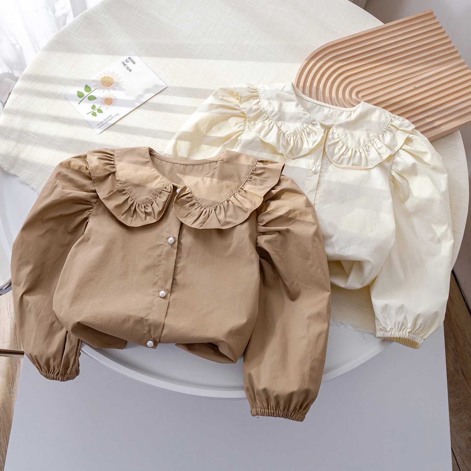Korean New Children Blouse Solid Turn-Down Collar Ruffles Decor Long Sleeve Girls Shirts Vintage All-Matched Kids Tops Y240906
