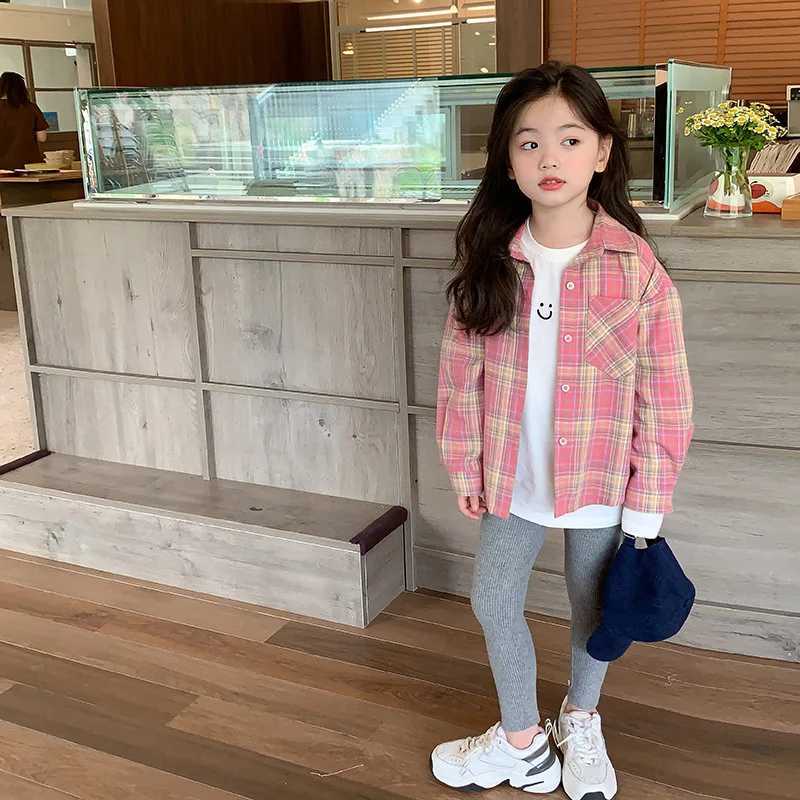 2023 Autumn New Fashionable Pink Plaid Sweet Girls Shirt Top Children Clothing Girls Shirt Coat Korean Style Long Sleeved Y240906