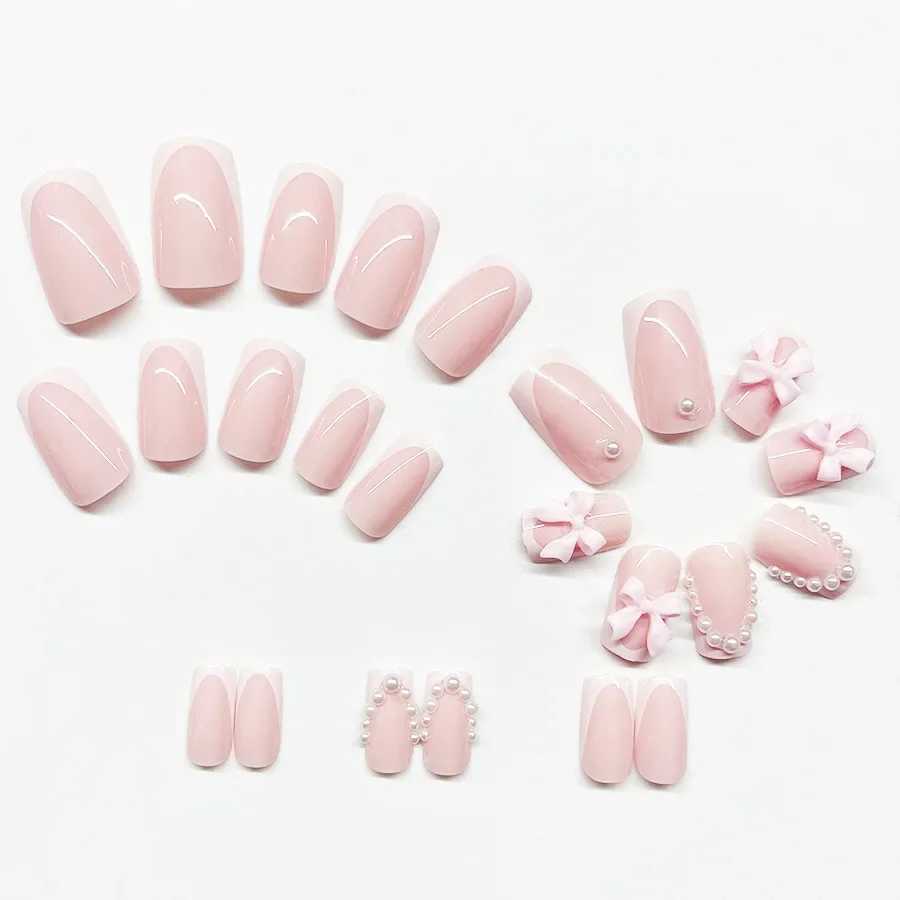 24 piece pink nail pressing set with short square 3D bow and pearl design sweet fake nails French nail salon W240905