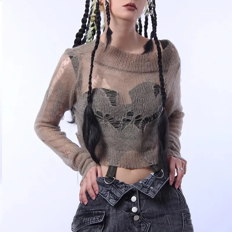 Karrcat Grunge Aesthetics Distressed Pullover Cyber Y2k Knitted Jumper Wilderness Punk Style Vacant Sweater Hole Broken Gothic 240904