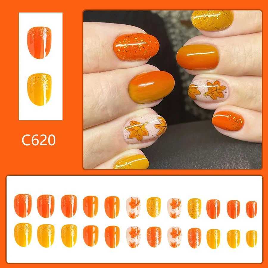 24 pieces/set of short section smooth oval cross nails autumn and winter orange maple leaf flash detachable worn fake nails W240905