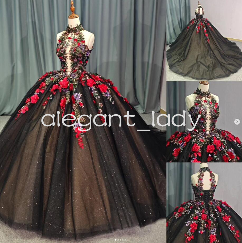 Black Gothic Princess Quinceanera Dresses 2025 High Neck 3D Floral Applique Sparkly Corset Prom vestido de 15 anos