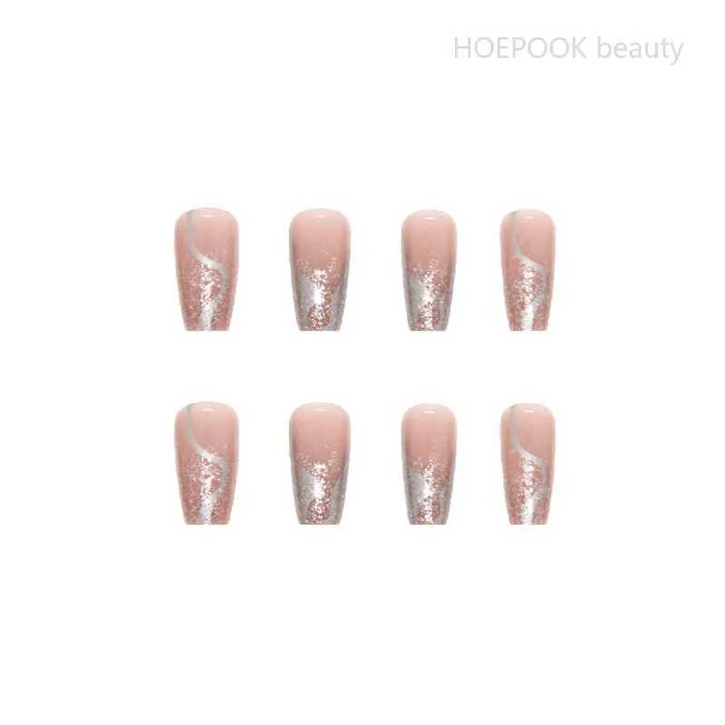 24 pieces of silver mirror long T reusable fake nail art seamless detachable full cover acrylic press machine fake nail press machine W240905