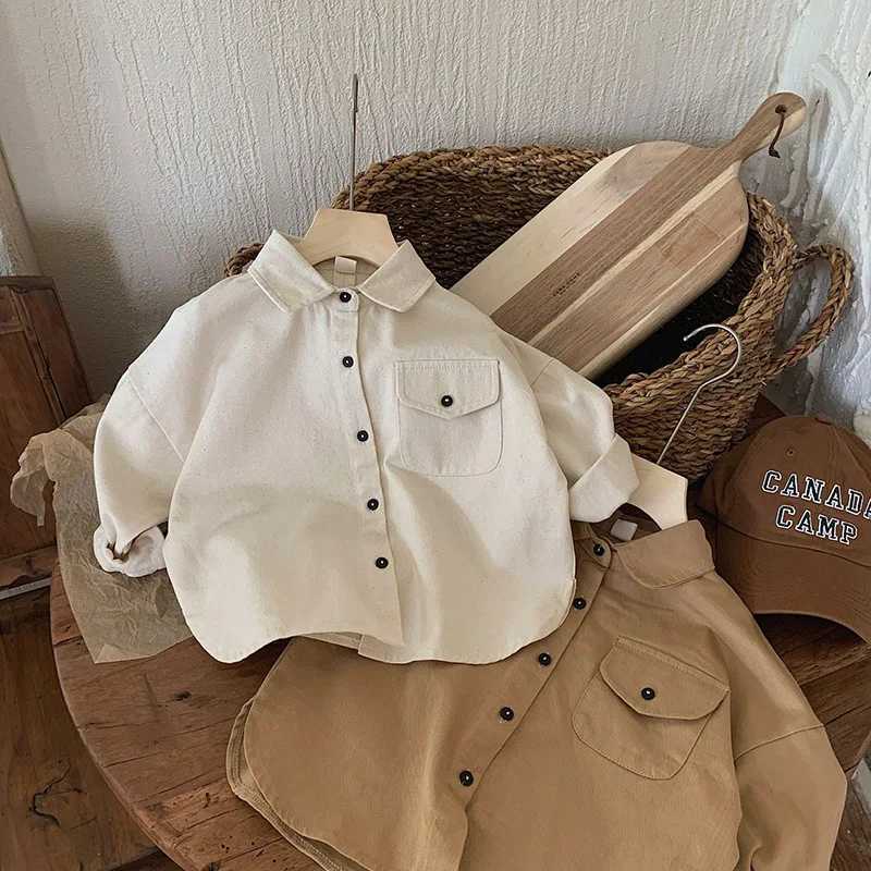 Kid Shirts Children Shirt 2023 Spring and Autumn Boy Korean Version of Retro Solid Color Shirt Baby Casual Long-sleeved Coat Y240906
