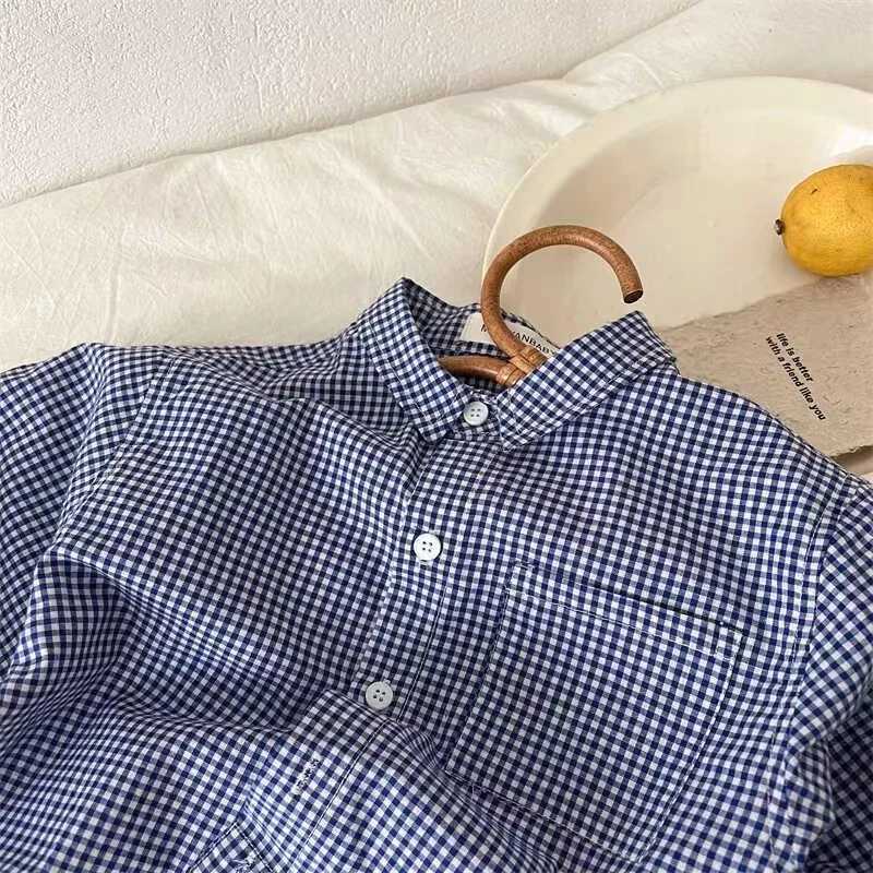 Childrens Shirt 2024 Autumn New Boys and Girls Fine Pocket Shirt Baby Simple Blue Check Shirt 90-140cm Y240906