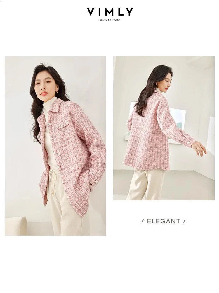Vimly Winter Pink Tweed Quilted Jackets Women Straight Thick Single Breasted Long Sleeve Overshirts Female Clothing M3599 240904