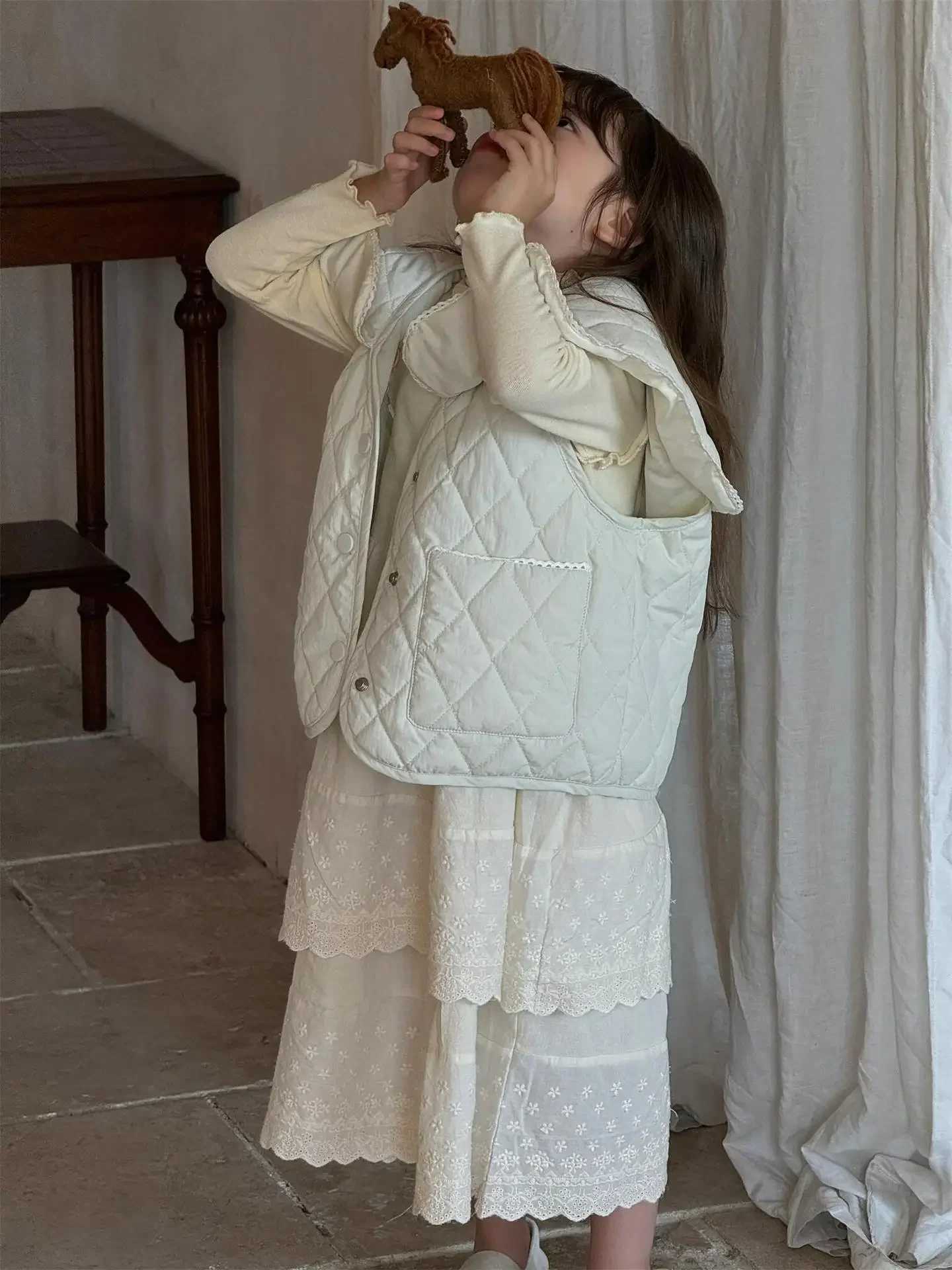 Coat Korean Childrens Clothing Autumn New Girl Vest Solid Color Light Thin Cotton Turn Collar Sleeveless Loose 2024 Y240906
