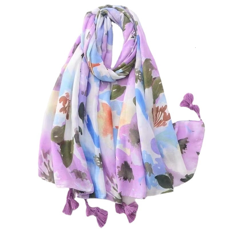 Fashionable shawl, versatile printed beach scarf, Spring and Autumn women's long scarf, butterfly flower contrasting new sunscreen silk