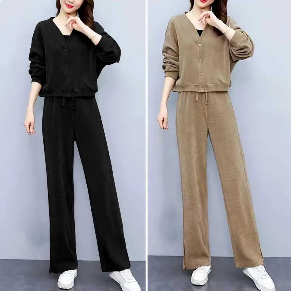 Casual two-piece elastic waist pants set for womens winter cardigan pants set single breasted jacket wide legs suitable for autumn 240903