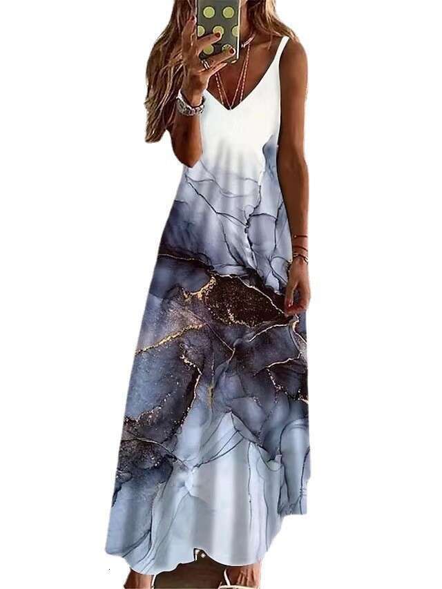 2023 Women's Summer V-neck Sexy A Version Long Loose Print Large Strap Dress