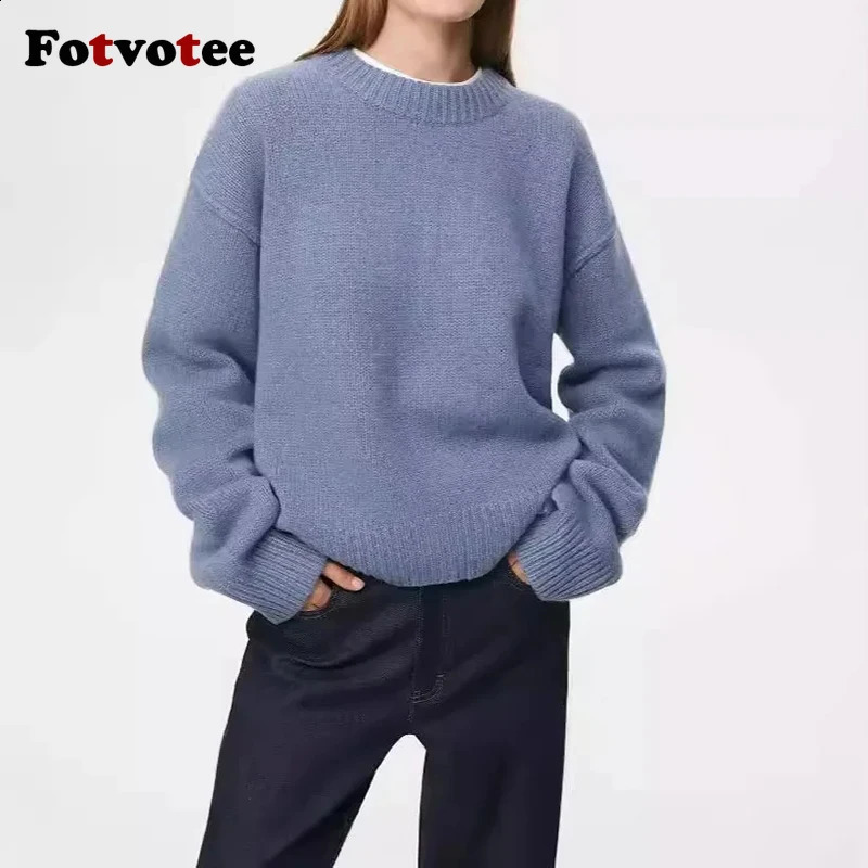 FOTVOTEE Womens Knitted ONeck Solid Casual Sweater Autumn Winter Fashion Long Sleeve Elastic Loose Jumper 240905