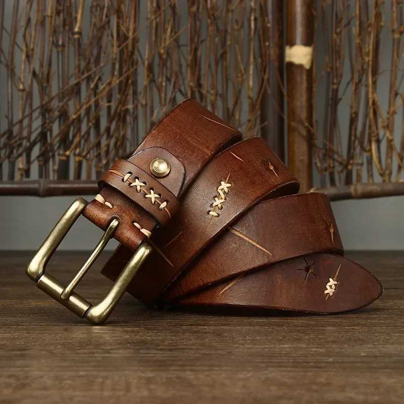 3.8CM mens high-quality genuine leather belt luxury designer brass pin buckle belt pure denim retro shoulder strap mens jeans W240905