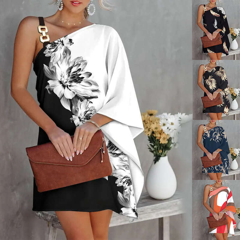 2024 Summer New Women's Print Sexy Slant Neck Off Shoulder Dress