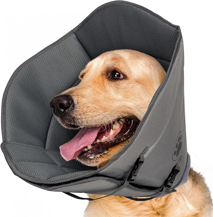 Dog Cone Collar After Surgery, Adjustable Breathable Pet Reecovery Cone for Large Medium Small Size Dog, Wound Care Recovery Collar, Black/gray