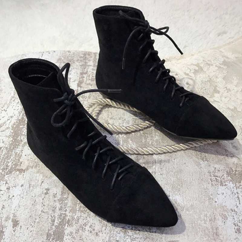 2022 Pointed Toe lace upper womens flat shoes short Chelsea Botas Feminina warm winter snow Bottes Mujer Traf fur leather shoes CL240906