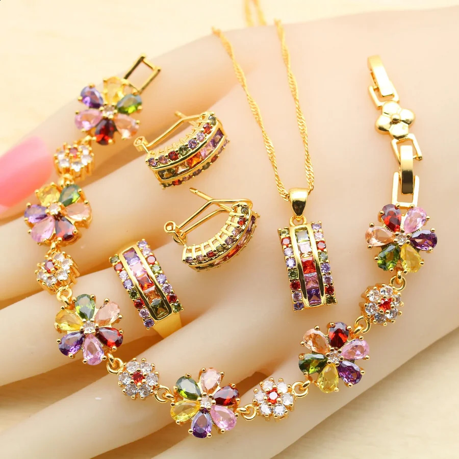 Square multi-color zirconia gold-plated jewelry set suitable for womens earrings necklaces rings birthday gifts 240906