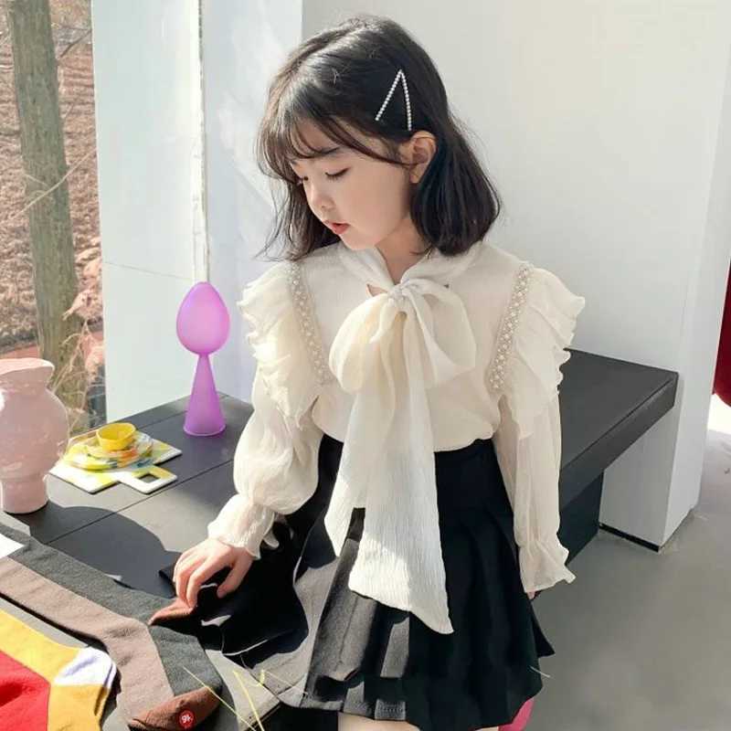 Autumn Girls Shirt Ladies Style Beaded Tie Bow Tops Pressurized Wrinkle Stitching Flared Sleeve Spring Girls Fashion Kids Outfit Y240906