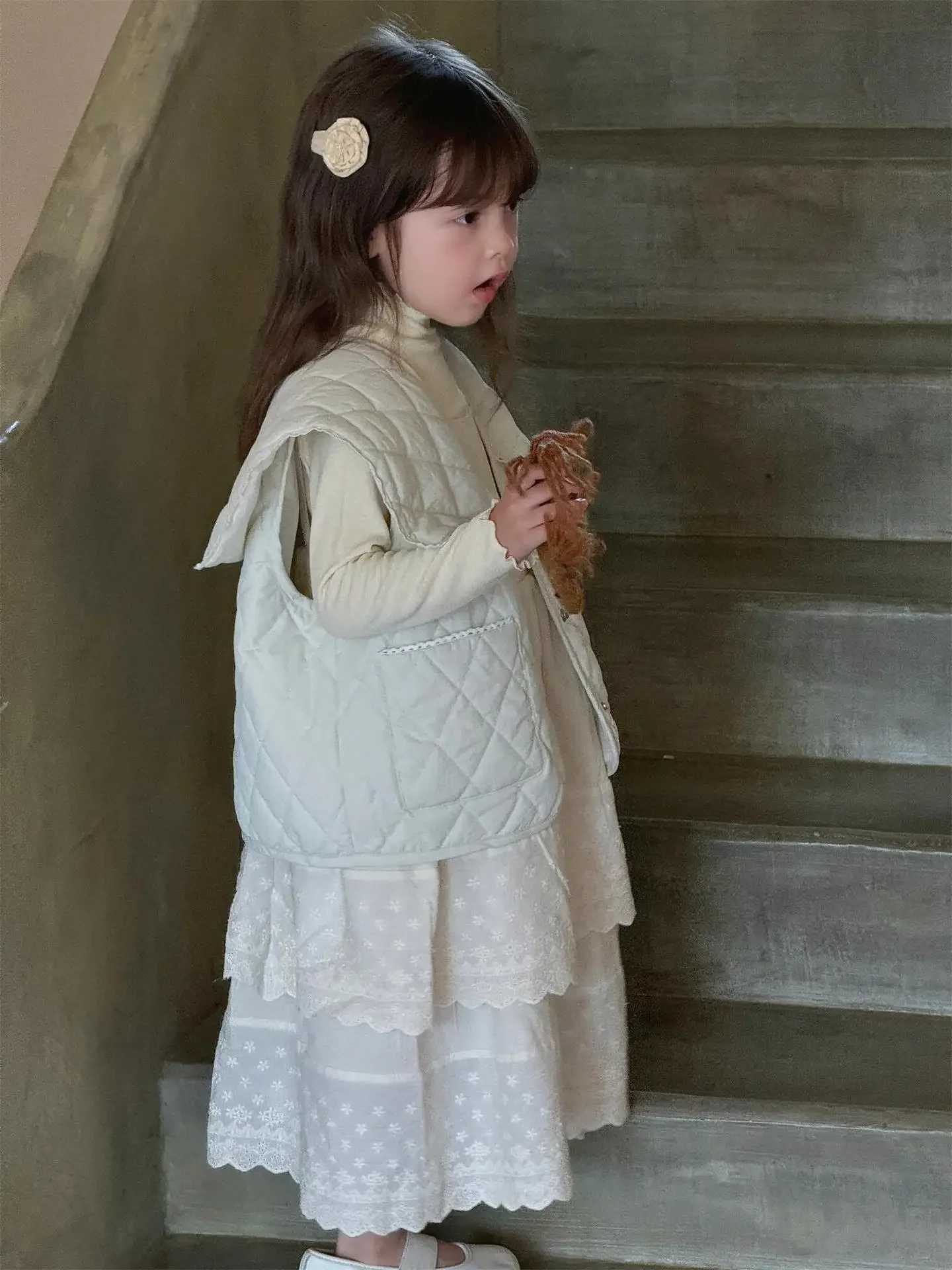 Coat Korean Childrens Clothing Autumn New Girl Vest Solid Color Light Thin Cotton Turn Collar Sleeveless Loose 2024 Y240906