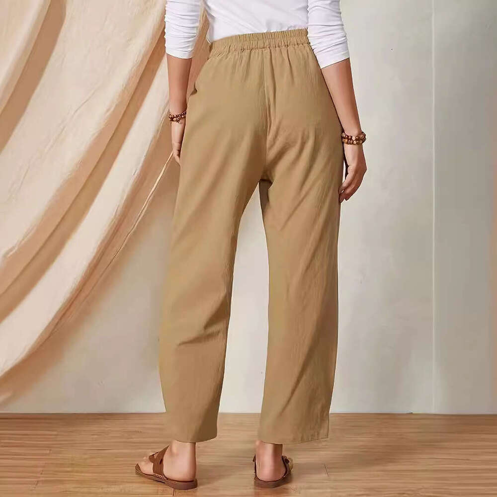 2024 Spring/Summer New Product Solid Color Pocket Elastic Waist Cotton Linen Loose Casual Wide Leg Pants for Women