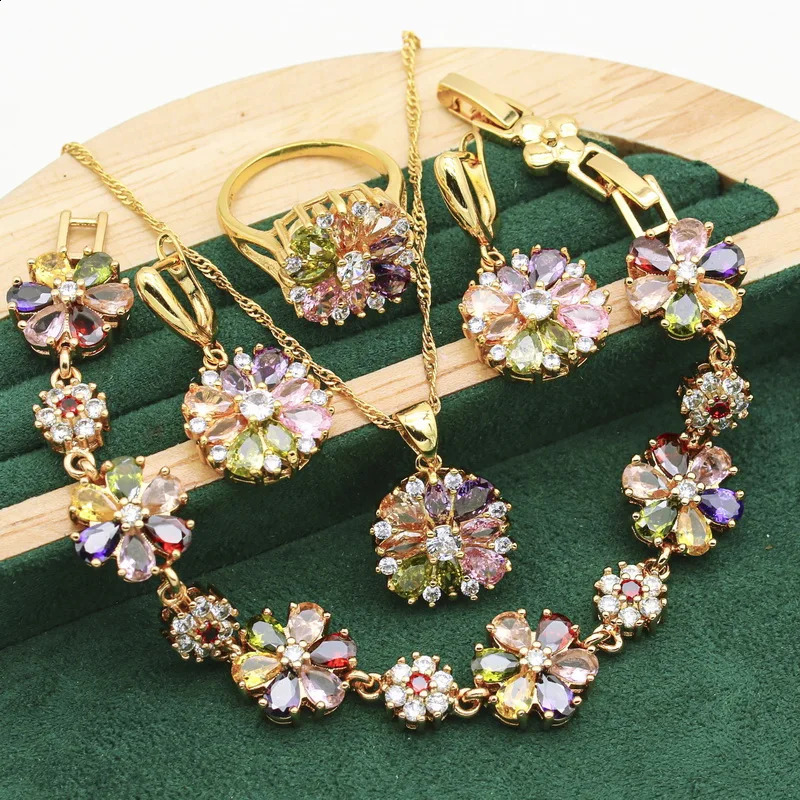 Classic 925 silver gold jewelry set suitable for womens weddings multi colored zircon bracelets earrings necklaces rings 4 pieces 240906