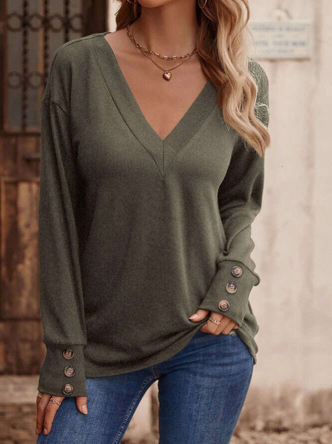 2024 Womens Autumn/Winter New Solid Color V-neck Loose Long sleeved T-shirt Button Up