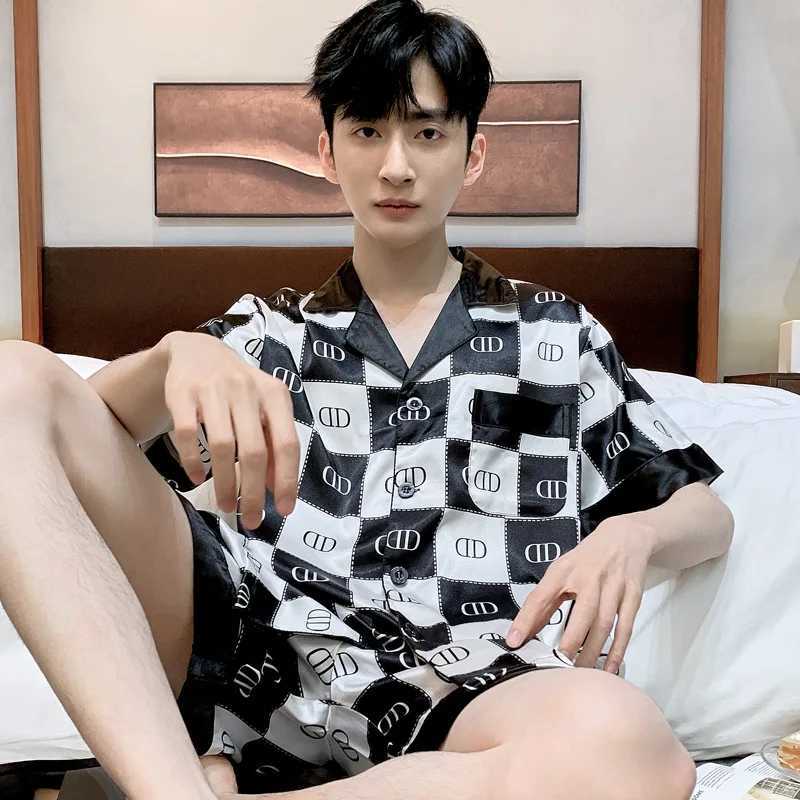 New Pajamas Set Mens SummerHigh Quality Ice Silk Short Sleeve Night Wear Thin Satin Sleepwear Male Home Clothing Pyjamas Teen Y240906