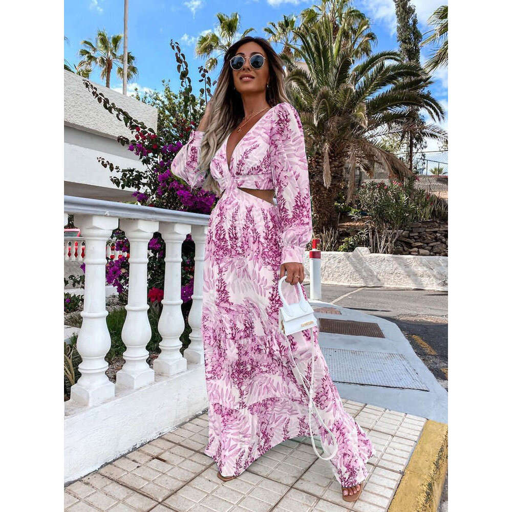 2023 Fashion Women's Spring New Printed V-neck Long sleeved Dress with Temperament