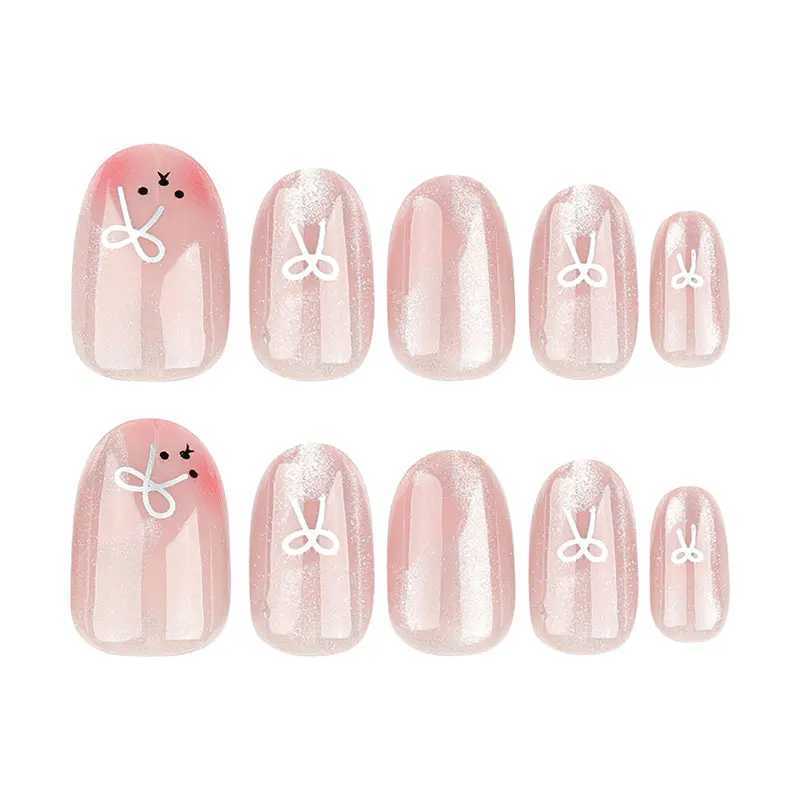 24 pieces/box wearable cute girl sweet cats eye bow short powder blusher hand made false nails W240905