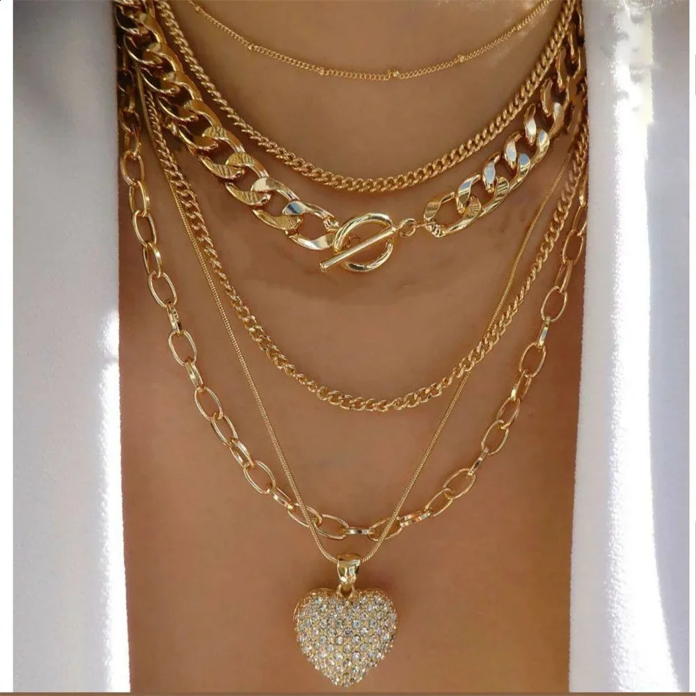 Vintage Punk Gold Plate Thick Chain Head Portrait Coin Pendant Necklace Womens Fashion Multi layer Geometric Hip Hop Jewelry 240905