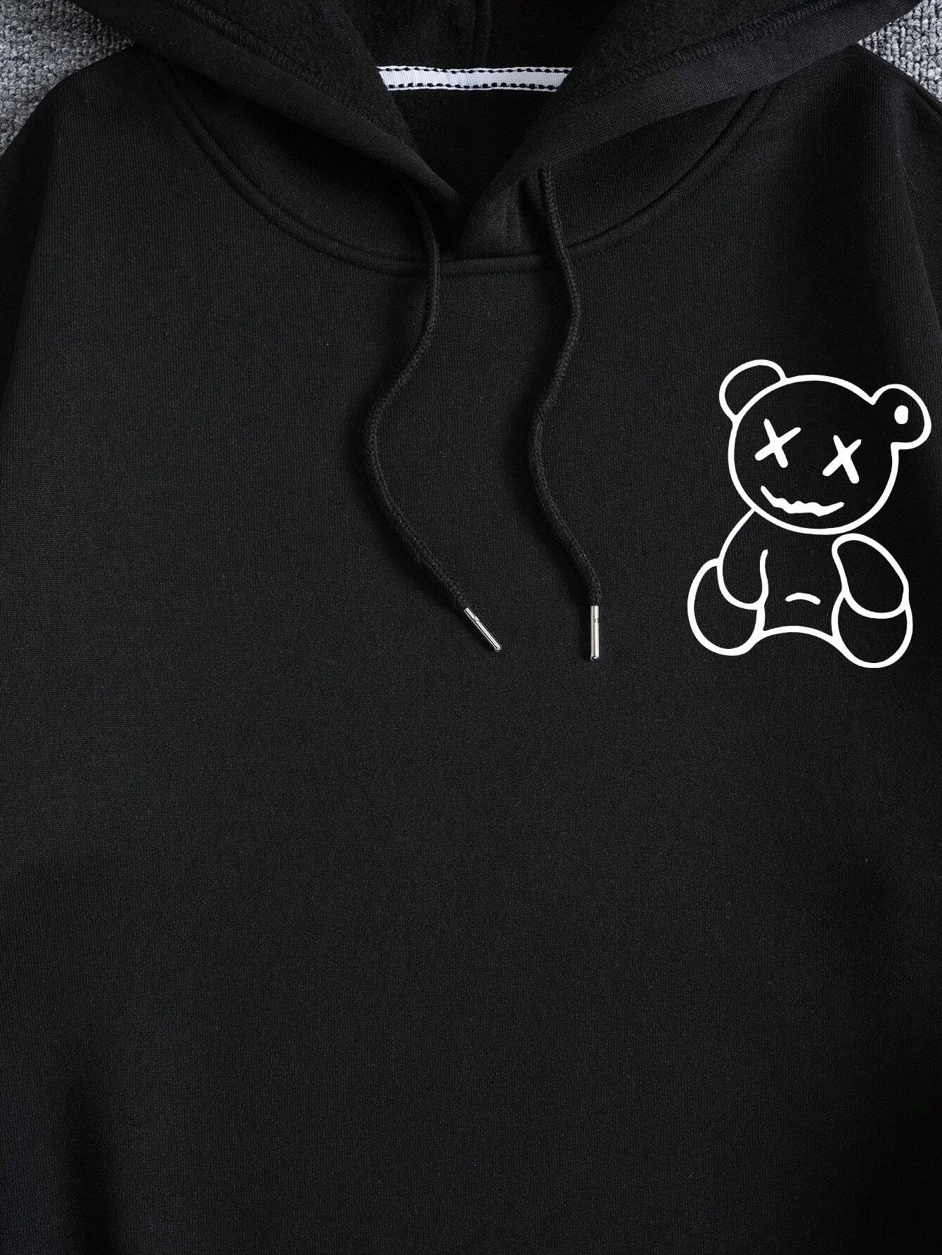 Men Bear Print Drawstring Thermal Lined Hoodie