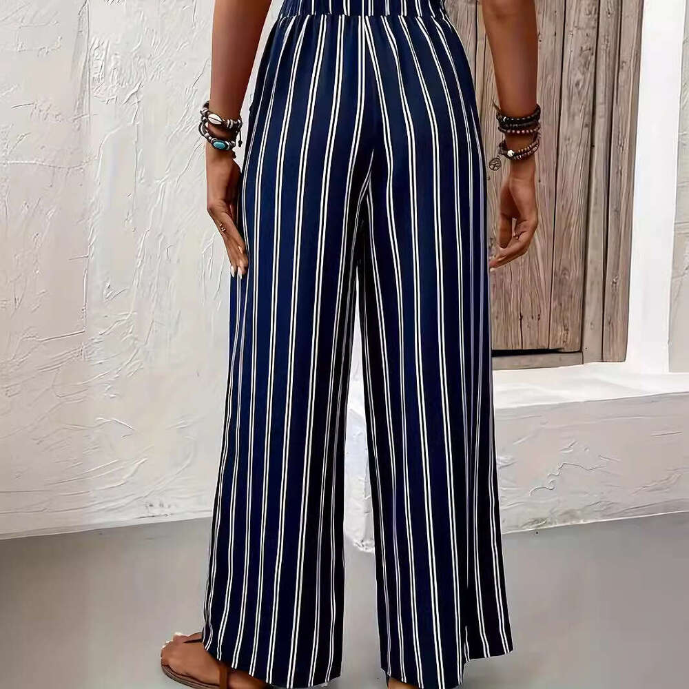 2024 striped wide women's casual summer new high waisted straight leg loose pants long women