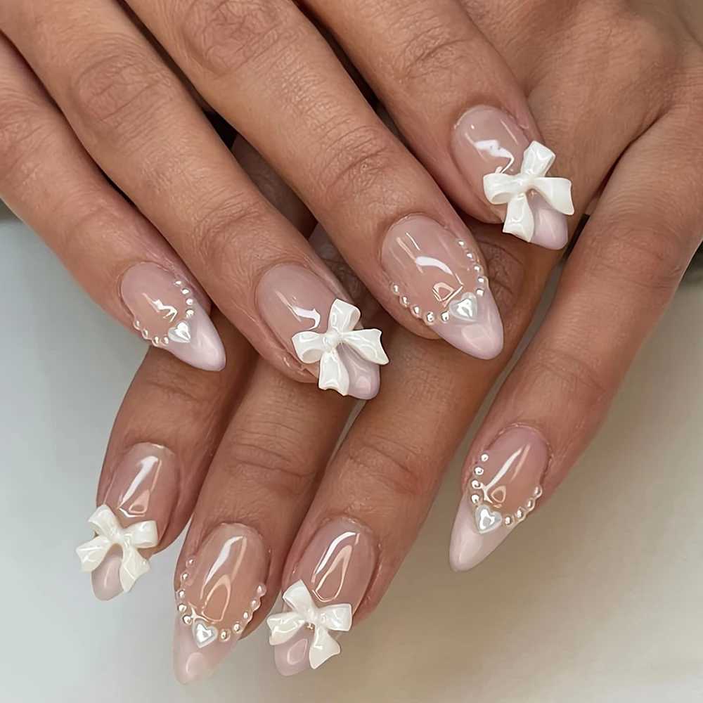24 pieces of medium to short fake nails pink diamond nails 3D white bow pearl love design Y2K nail press suitable for women W240905