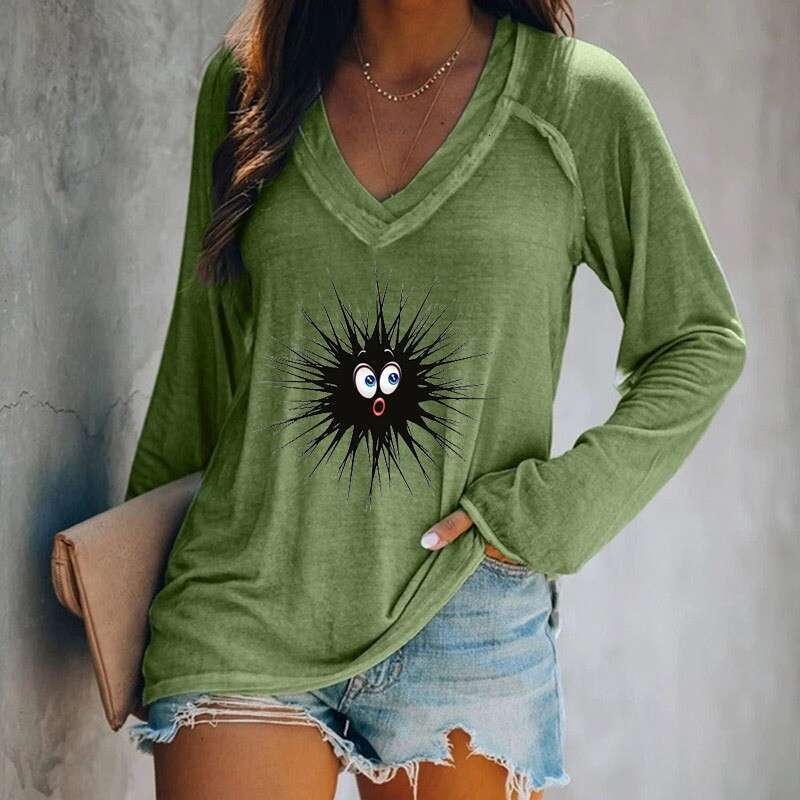 Womens printed abstract painting V-neck 3D womens long sleeved casual T-shirt top