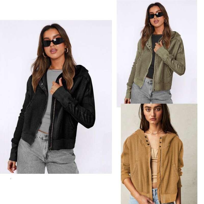Jacket patchwork Women's hooded sweater Lazy style zippered hoodie Short knit